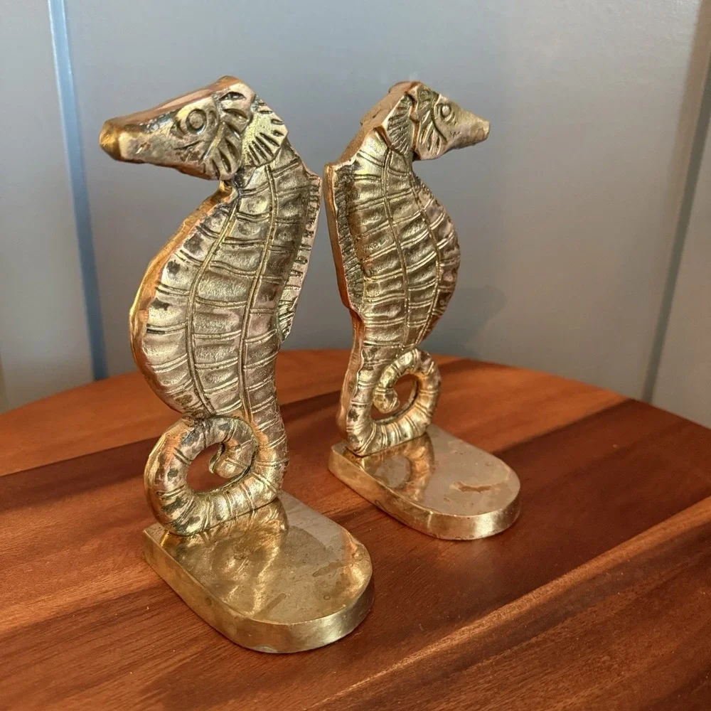 Vintage Brass Seahorse Bookends Pair Coastal Nautical Decor 7in